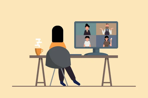 İş arkadaşı konsepti olan insanların video konferansı ve online iletişimi. Düz olarak stok vektör illüstrasyonu.