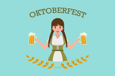 Fincanlar dolusu birası olan güzel bir kız. Oktoberfest logo tasarımı. Mesaj ve davetiye için yeri var. Düz stok vektör illüstrasyonu