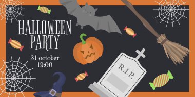 Cadılar Bayramı kutlaması için şablon davetiyeleri. Cadılar Bayramı partisi. Vektör illüstrasyonu.