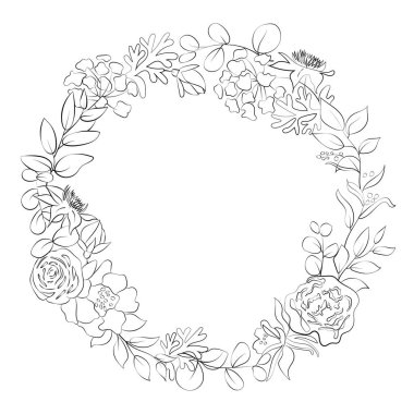 Çizgi sanatı tarzında çiçek çelengi.