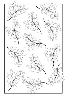 Çizgi sanatı tarzında dalları ve yaprakları olan siyah beyaz bir kartpostal..