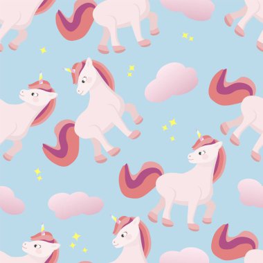 Tek boynuzlu at ve bulutlu şirin bir desen..