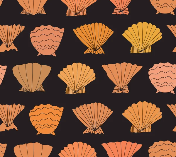 Marine Set Cartoon Seashells Black Background Vector Illustration — Stock Vector