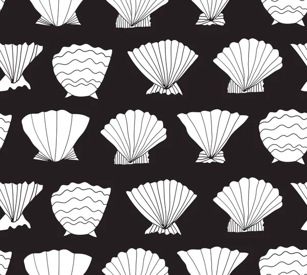 Mořská Množina Kreslených Mušlí Černém Pozadí Vektorová Ilustrace — Stockový vektor