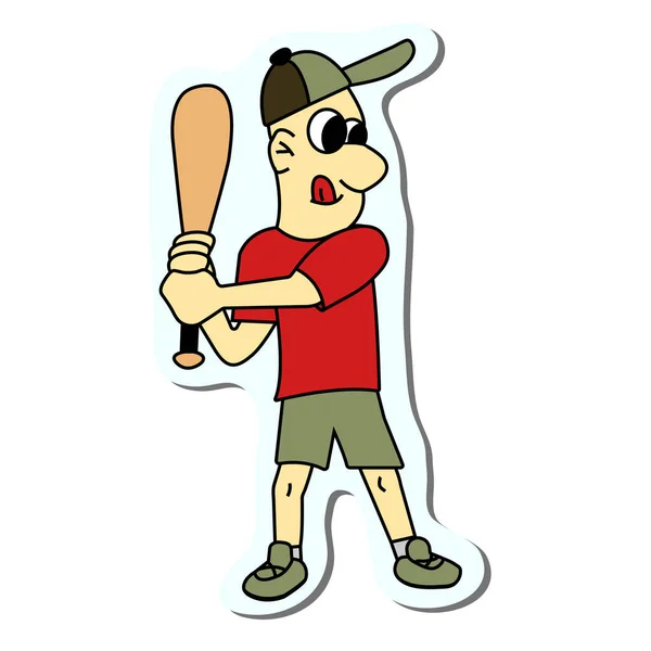 Boy play baseball sticker. vector illustration — Stock Vector