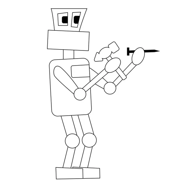 O robô está martelando um prego no trabalho. Ilustração isolada do vetor de contorno —  Vetores de Stock