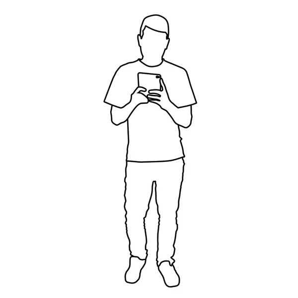 Um homem a tirar selfie no espelho. Ilustração isolada do vetor de contorno —  Vetores de Stock