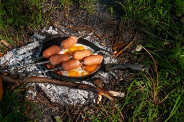 Kamp ateşinde yemek pişirmek, dökme demir tavada. bbq fotoğrafı