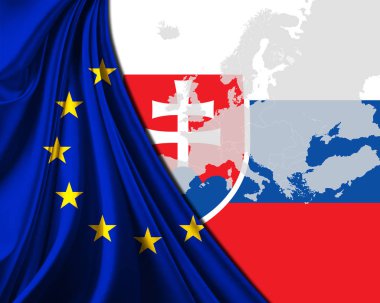 Avrupa harita arka plan ile Slovakya ve Avrupa Birliği Bayrağı