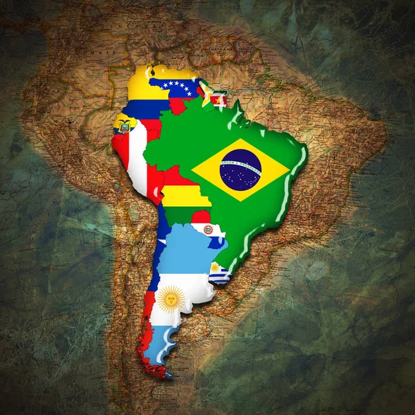 Güney Amerika Kıta Bayraklar Harita Illüstrasyon — Stok fotoğraf