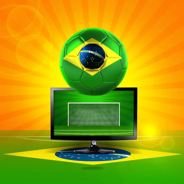 Bandera Brasil Con Pelota Fútbol Pantalla —  Fotos de Stock