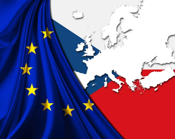 Vlajka České Republiky Evropské Unie Evropou Mapuje Pozadí — Stock fotografie