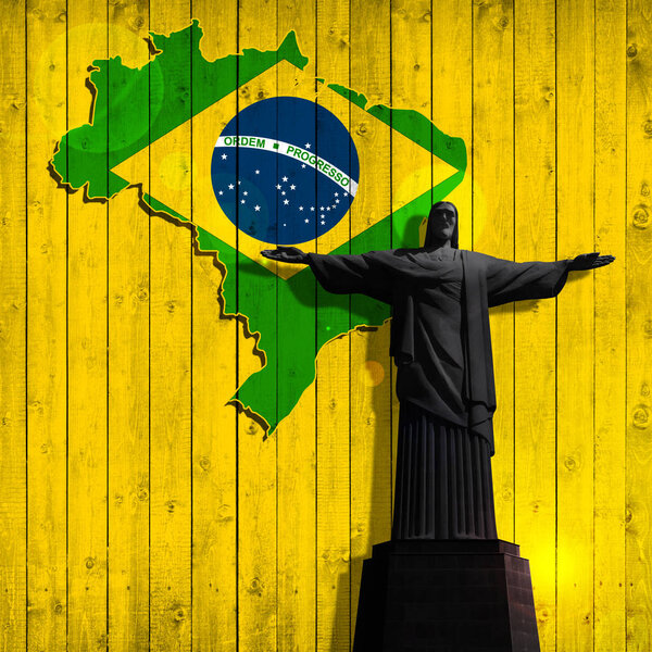 Флаг Бразилии и статуя Иисуса копируют пространство для текста или изображений
 