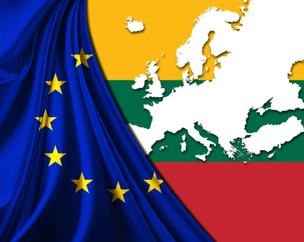 Vlajka Litvy Evropské Unie Evropou Mapuje Pozadí — Stock fotografie