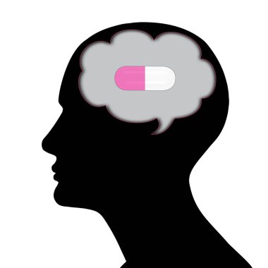 beyaz arka plan üzerinde hap sembolü ile insan kafası