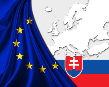 Avrupa harita arka plan ile Slovakya ve Avrupa Birliği Bayrağı