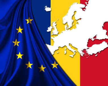  Avrupa harita arka plan ile Romanya ve Avrupa Birliği Bayrağı