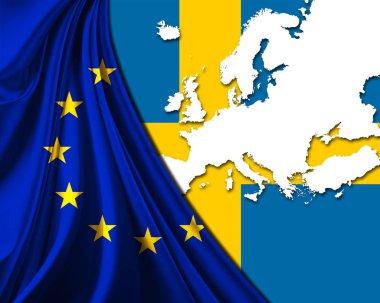 Avrupa harita arka plan ile İsveç ve Avrupa Birliği Bayrağı