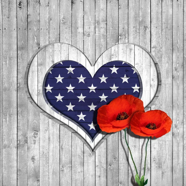 red poppies and   heart sign, usa flag background