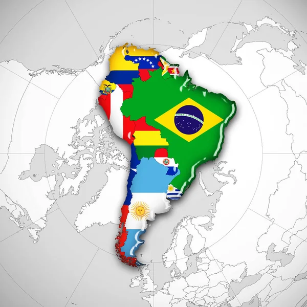 Zuid Amerika Continent Vlaggen Kaart Illustratie — Stockfoto