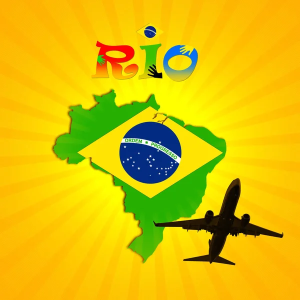 Brasilien Karte Flugzeug Rio Text Und Sonne Hintergrund — Stockfoto