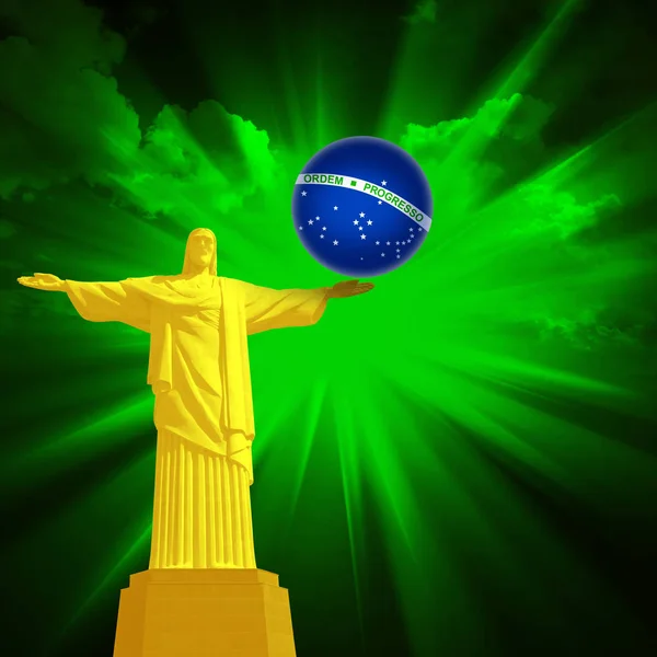 Brazília Zászló Jézus Szobor Másol Hely Szöveg Vagy Képek — Stock Fotó