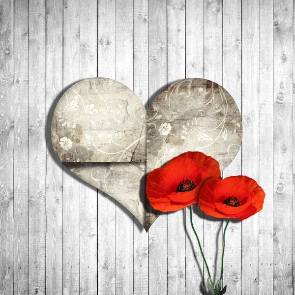 Amapolas Rojas Signo Del Corazón Fondo — Foto de Stock