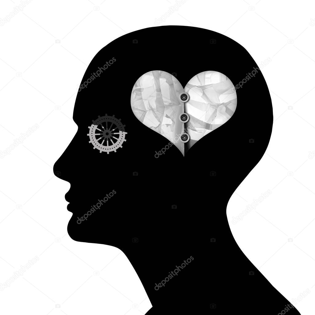  human head with heart sign and gear, abstract background - 3D illustration