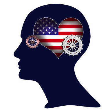 beyaz arka plan üzerinde ABD bayrağı kalp sembolü ile insan kafası