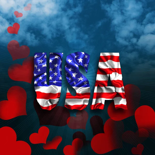 Markeer Met Usa Text Hearts Sun Clouds Sky Background — Stockfoto