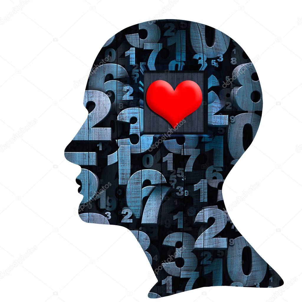 human head with heart, numbers of wood and white background