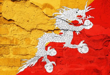 Eski duvar doku - 3d çizim üzerinde boyalı Bhutan bayrağı