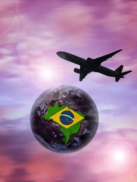 Αεροπλάνο Βραζιλία Σημαία Χάρτη Φόντο — Φωτογραφία Αρχείου
