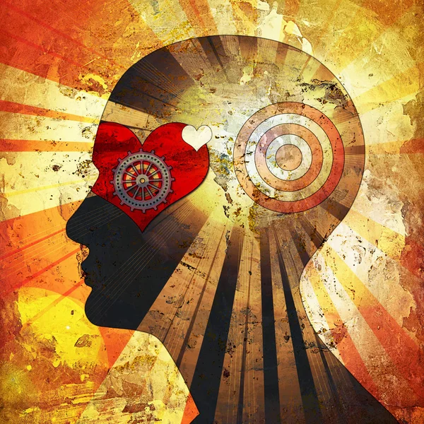  kalp işareti ve dişli, soyut arka plan ile insan kafası-3D illüstrasyon