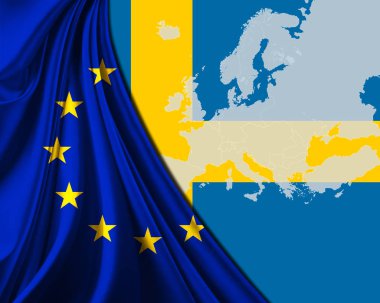  Avrupa harita arka plan ile İsveç ve Avrupa Birliği Bayrağı