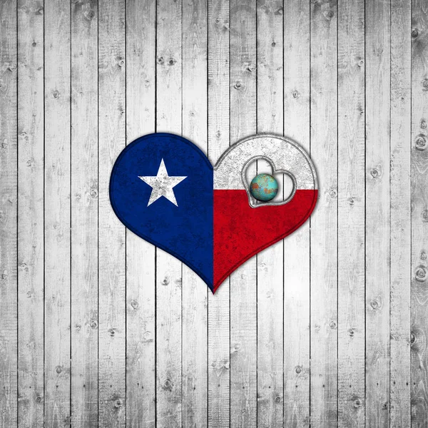 Texas flag, heart shape,  wooden background  with copy space for your text or images