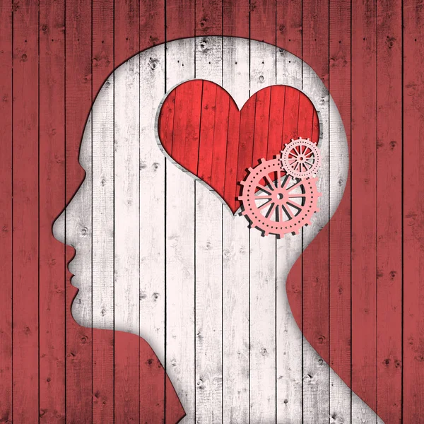 human head with heart sign and gears, abstract background - 3D illustration