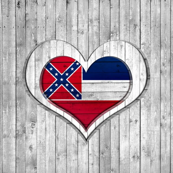 Mississippi Flag Heart Shape Wooden Background Copy Space Your Text — Stock Photo, Image