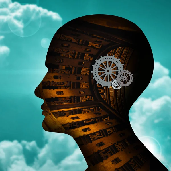 human head with  gears, abstract background - 3D illustration
