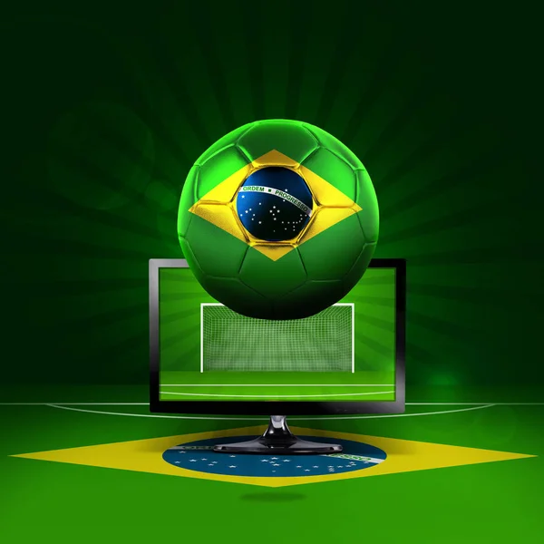 サッカーボールと画面を持つブラジルの旗 — ストック写真