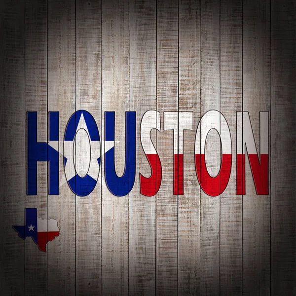 Texas flag map with Houston text and wood background