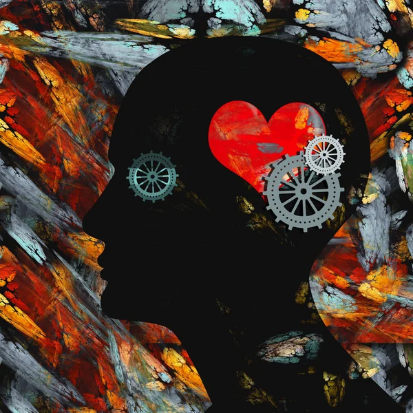 人头与心脏标志和齿轮 抽象背景 — 图库照片