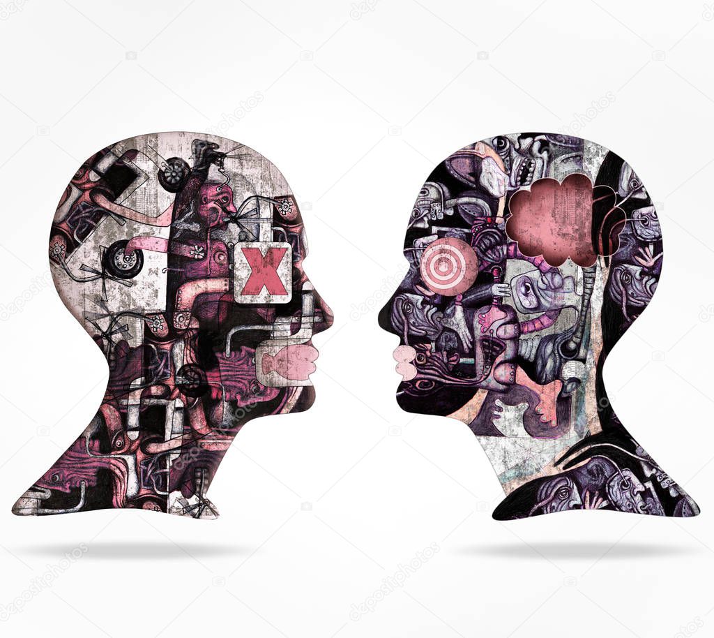 cabezas humanas con dibujos y fondo blanco 2023