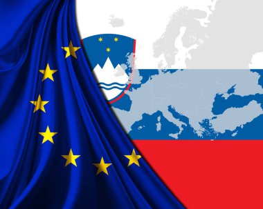 Avrupa harita arka plan ile Slovenya ve Avrupa Birliği Bayrağı