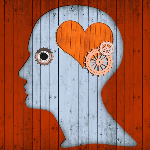 human head with heart sign and gears, abstract background - 3D illustration