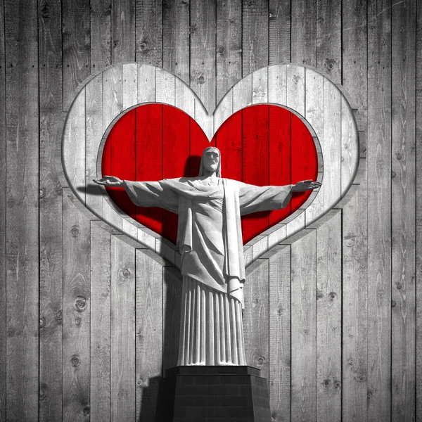 Estatua Jesucristo Brasileña Madera Fondo Forma Corazón — Foto de Stock