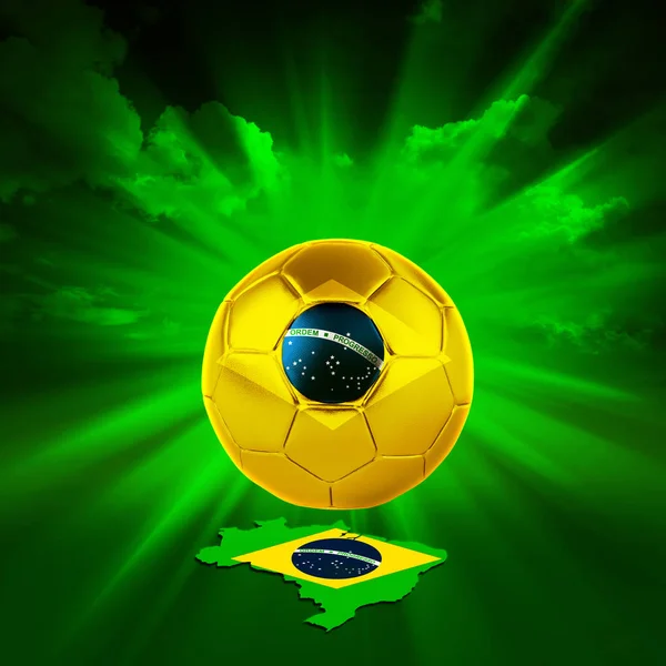 Brazil Flag Map Gold Soccer Ball Sun Clouds Background — Stock Photo, Image