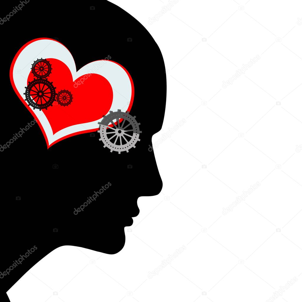  human head with heart sign and gears, abstract background - 3D illustration