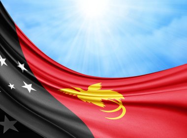 Kopya alanı için metin veya resim ve gökyüzü arka plan - 3d illüstrasyon ipek Yeni Gine bayrağı.