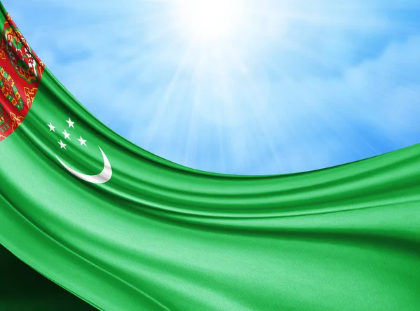 Turkmenistan Flag Silk Copy Space Your Text Images Sky Background — Stock Photo, Image